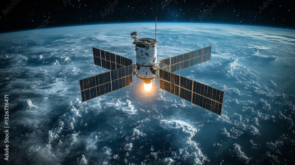 Aufkleber a satellite ignites its propulsion system as it orbits earth, transmitting data and signals for gps 