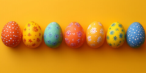 Easter Concept: A row of hand painted Easter eggs with pastel floral designs on a light blue background, with copy space for text.