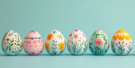 Easter Concept: A row of hand painted Easter eggs with pastel floral designs on a light blue background, with copy space for text.