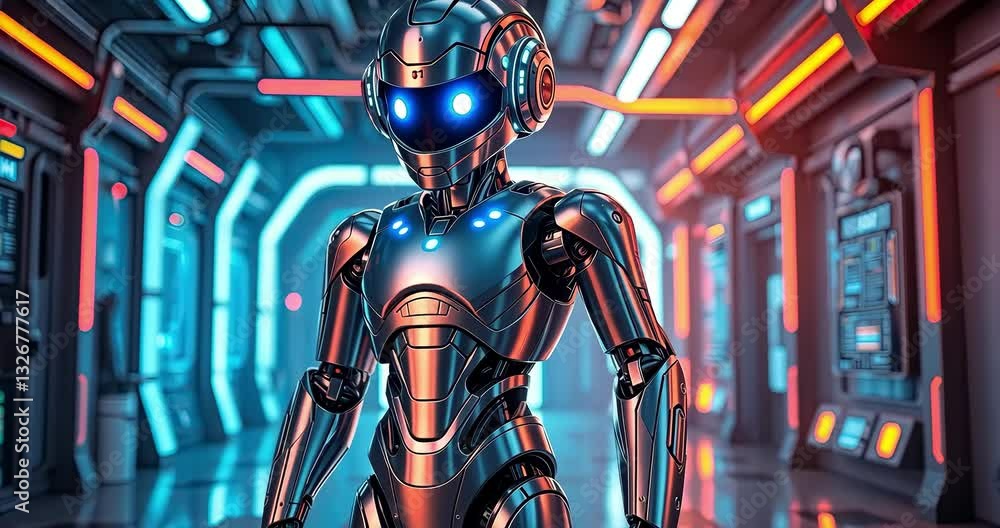 Poster futuristic robot in a spaceship corridor. possible use sci-fi stock image