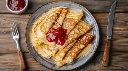 French Crepes Served on a Plate on the Kitchen Table
