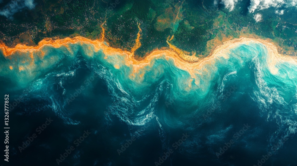 Poster Satellite technologies capture intricate coastal formations and vibrant ocean colors to monitor environmental changes and analyze geospatial data effectively. Advanced AI supports detailed assessment.