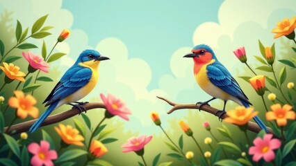 Fototapeta premium Two colorful summer birds perched on branches surrounded by vibrant flowers.