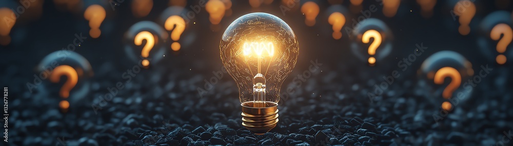 Poster an illuminated light bulb surrounded by floating question marks, symbolizing the power of curiosity,