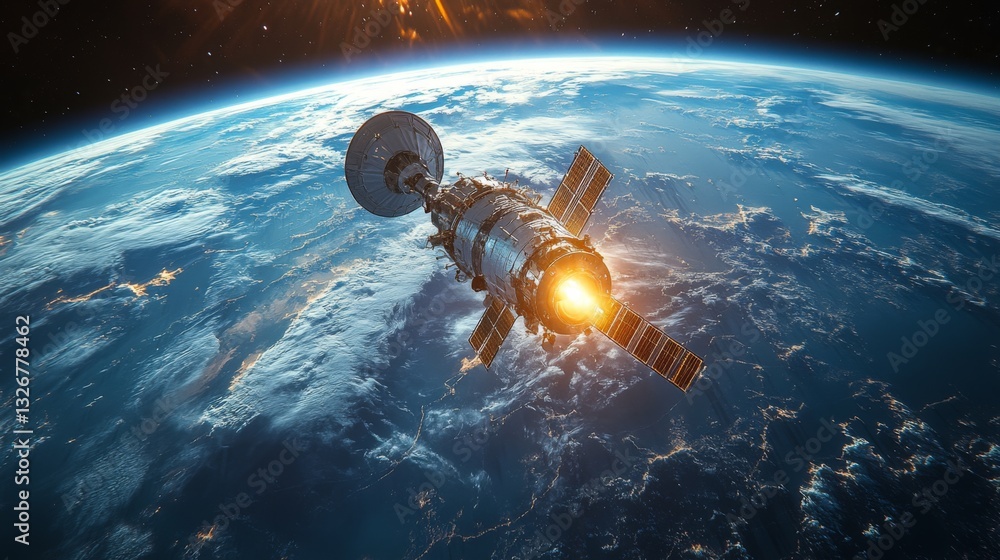 Aufkleber a sophisticated satellite equipped with solar panels and transmitting telemetry data is orbiting ear