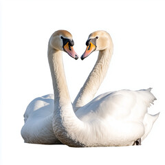Fototapeta premium Two swans sit together, forming a heart with their necks, on a white background