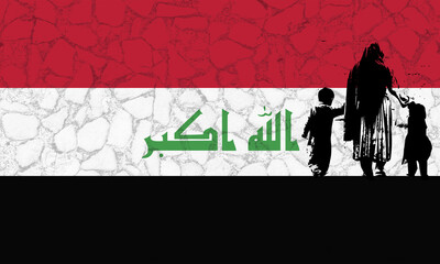 Protecting the rights of women and children in Iraq, symbolic illustration featuring the Iraqi flag and a mother with children