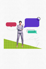 3d vertical image artwork collage of happy girl stand cloud speech message notification...