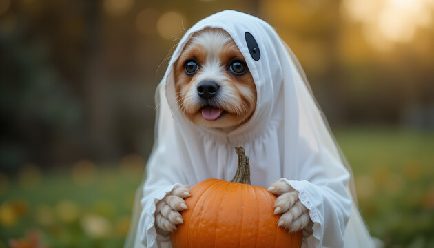 Cute Dog in Ghost Costume with Pumpkin - Halloween Pet
