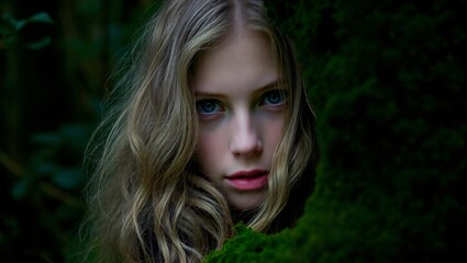 Naklejka premium Young girl with wavy hair looking at camera forest background