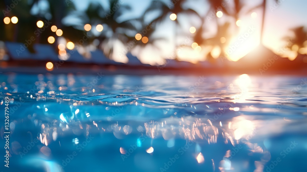 Poster tranquil split view of swimming pool water surface at sunset with bokeh lights and palm trees silhou