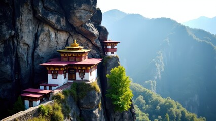 Taktsang Lhakhang, also known as Tiger's Nest Monastery, is perched on a cliffside in Bhutan, surrounded by lush greenery and mountainous terrain.