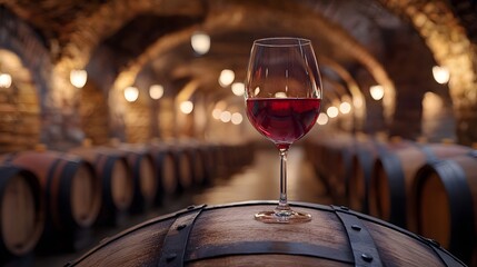 A glass of red wine rests on a wooden barrel in a dimly lit wine cellar