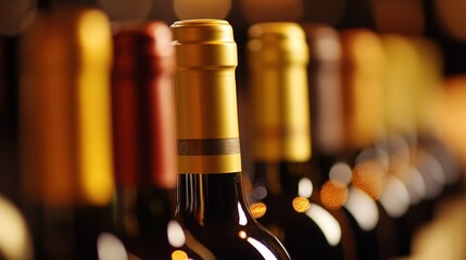 A row of wine bottles in focus, soft background blur; elegance and craftsmanship in every detail.

