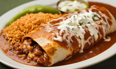 Fototapeta premium Delicious burritos filled with rice, beans, and meat served on a white plate with sauce and sides against a muted background