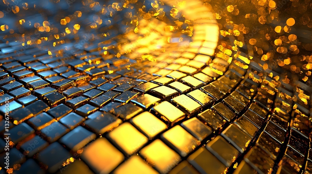 Poster glowing golden cobblestone path with bokeh light effects and water droplets creating magical atmosph