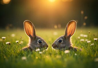 Two rabbits in sunlit field with daisies and dew at sunrise