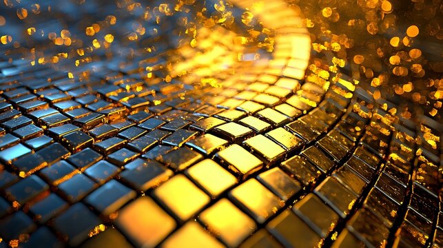 Glowing golden cobblestone path with bokeh light effects and water droplets creating magical atmosphere in evening illumination. Wet surface reflects warm light.