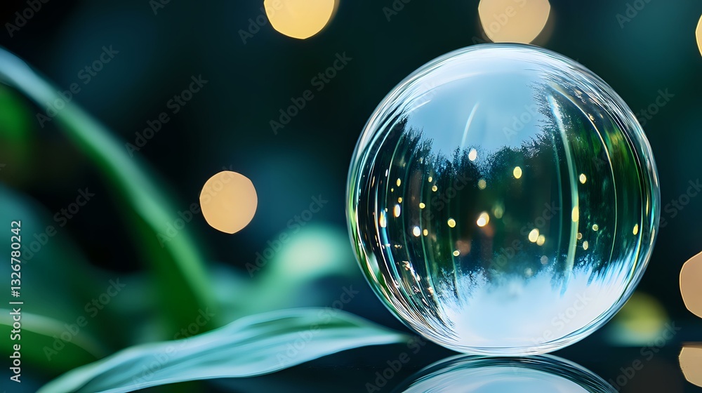 Poster delicate soap bubble floating above green leaves captures magical bokeh lights, creating dreamy atmo