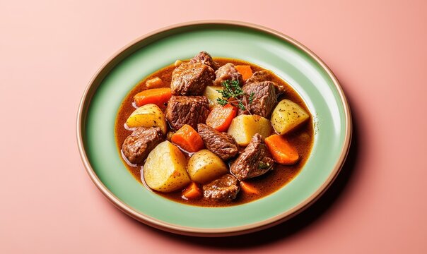 Delicious puchero stew featuring tender beef, pork, vegetables, and a rich broth served on a lovely plate against a muted backdrop