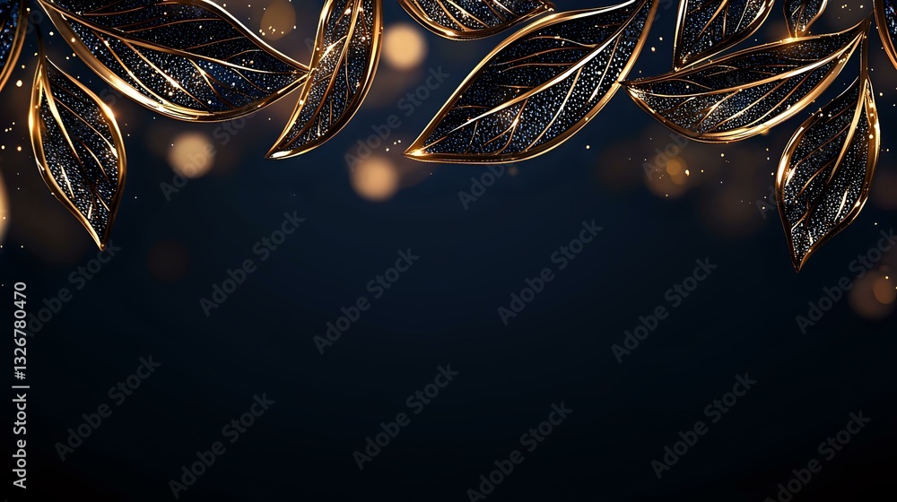 Poster luxurious golden leaves with glowing sparkles frame dark background creating elegant border design f