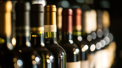 A row of wine bottles in focus, soft background blur; elegance and craftsmanship in every detail.
