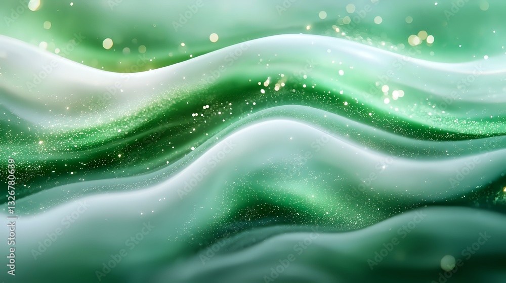 Poster abstract green and white wavy background with sparkling bokeh effect and flowing curved lines create