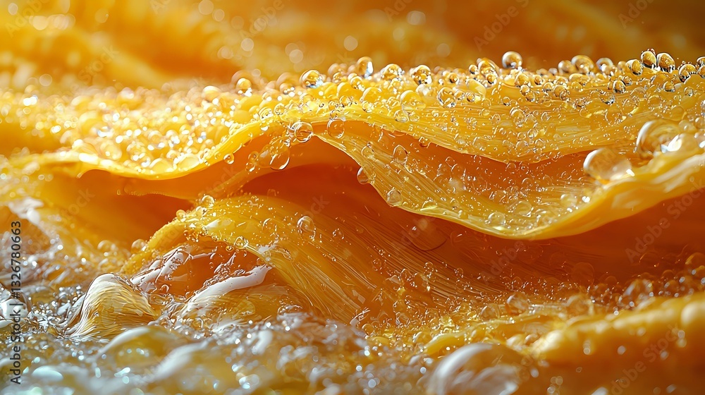 Poster fresh orange citrus slice in macro view showing juicy pulp texture with water drops and bubbles, nat