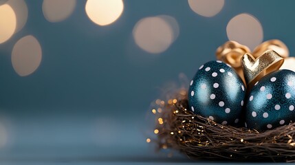 Metallic blue and gold Christmas ornaments nestled in rustic twig nest against blurred bokeh background, creating festive holiday atmosphere.