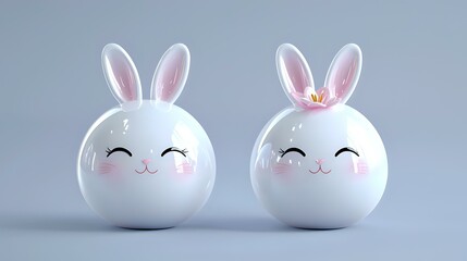 Cute round white bunny characters with pink ears and rosy cheeks on gray background. Minimalist kawaii style design for children decoration and greeting cards.