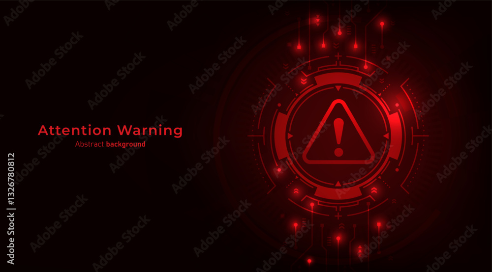 Poster Concept of Hacker warning. Attention Danger Symbol on circuit board and dark red background. Data Breach, Malware, Cyber Attack, Hacking, and Security protection Concept. Vector illustration.