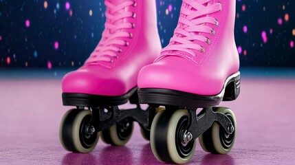 Close up of pink roller skates with black wheels on a pink surface, against a dark background with colorful bokeh lights.
