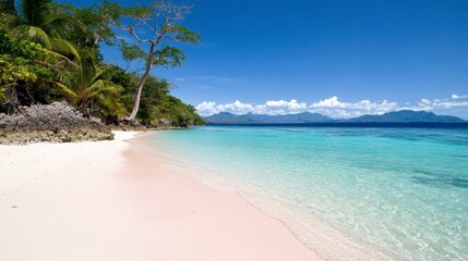 Obraz premium Pink sand beach with clear turquoise water, tropical vegetation, and distant mountains under a bright blue sky. A tranquil island paradise scene.