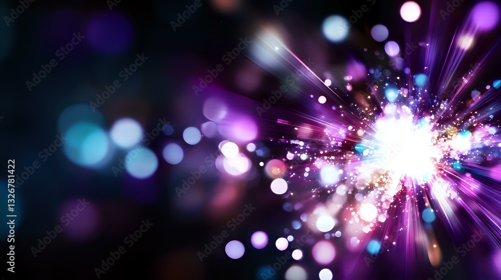 Poster vibrant explosion of light with purple and blue bokeh effects on dark background, creating dynamic s