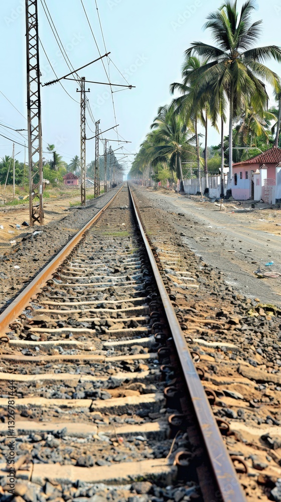Poster a train track with a few palm trees in the background