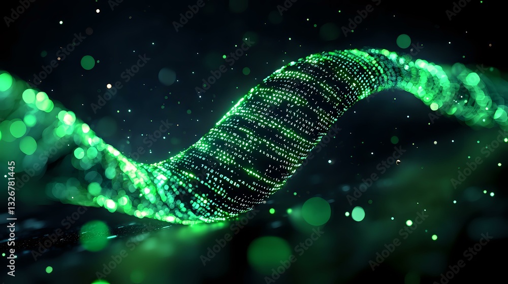 Poster glowing green digital wave with particle effects and bokeh lights flowing through dark space, creati