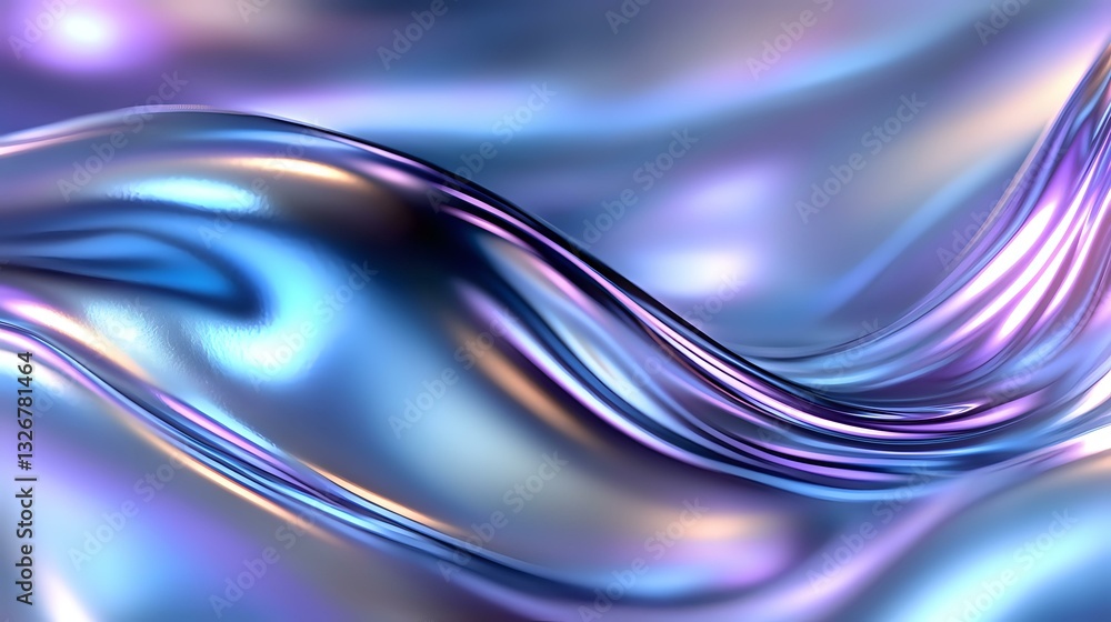 Poster flowing liquid metal waves in blue and purple colors create dynamic abstract background with glossy 