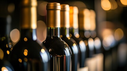 A row of wine bottles in focus, soft background blur; elegance and craftsmanship in every detail.
