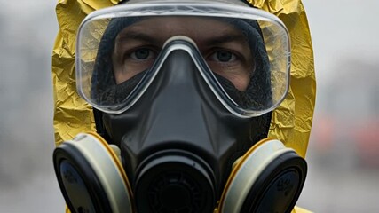 Serious expression of person yellow protective suit and gas mask, showcasing safety equipment industrial setting, emphasizing health and caution.
