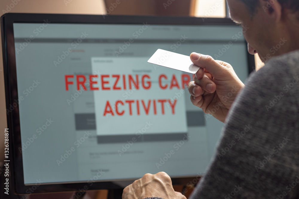Poster young man having problems with online card payment, closeup photo. man frustrated, staring at comput