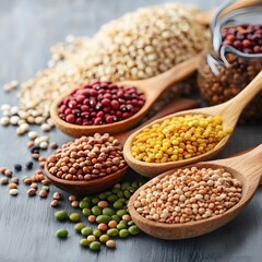 Fototapeta premium Assorted Legumes and Grains in Wooden Spoons