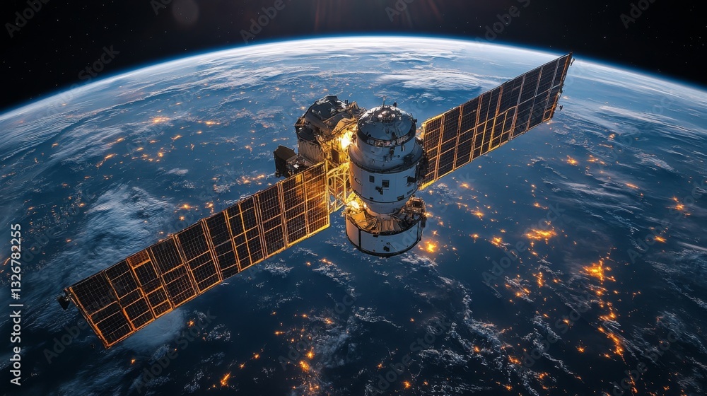 Poster a satellite orbits earth, equipped with solar panels and transponders, actively transmitting telemet
