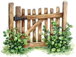 Obraz premium Rustic wooden gate surrounded by lush greenery garden scene