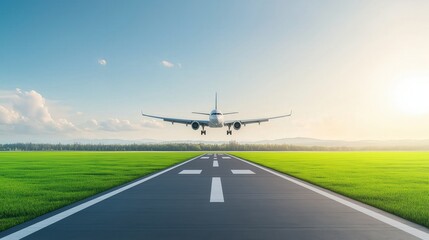 Plane landing on green runway