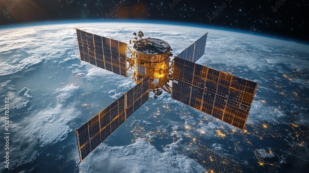 Poster A satellite orbits the Earth, transmitting telemetry and GPS signals. This advanced spacecraft supports global tracking and positioning systems, enhancing navigation capabilities.