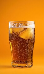 Refreshing chilled orange soda served in a clear glass against a bright orange background
