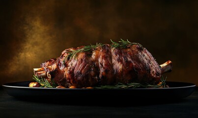 Whole lamb roasted on a spit served on a black plate with a muted gold background during a festive gathering