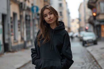 Fototapeta premium Young woman in black hoodie on bustling city street. Neural network AI generated