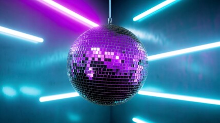 Fototapeta premium Purple disco ball hangs in a dark room, illuminated by vibrant neon blue and purple lights. The mirrored surface reflects the light creating a dazzling effect.