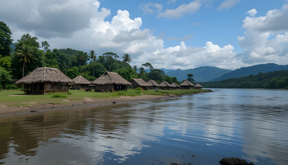 Fototapeta premium Tropical Riverfront Huts: Paradise Found